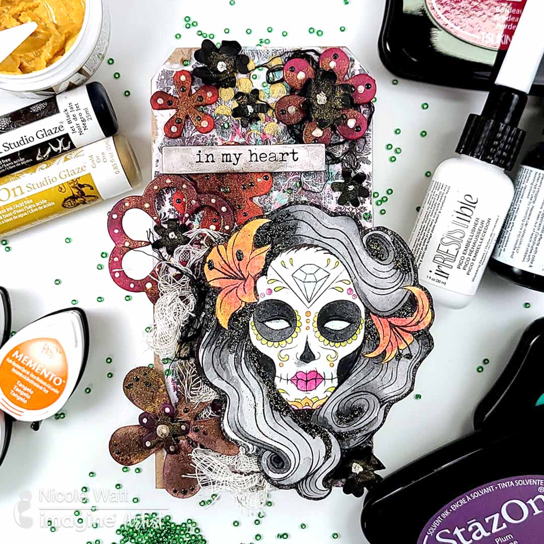 Celebrate Día de Los Muertos (Day of the Dead) with this beautiful sugar skull thick board tag decor.